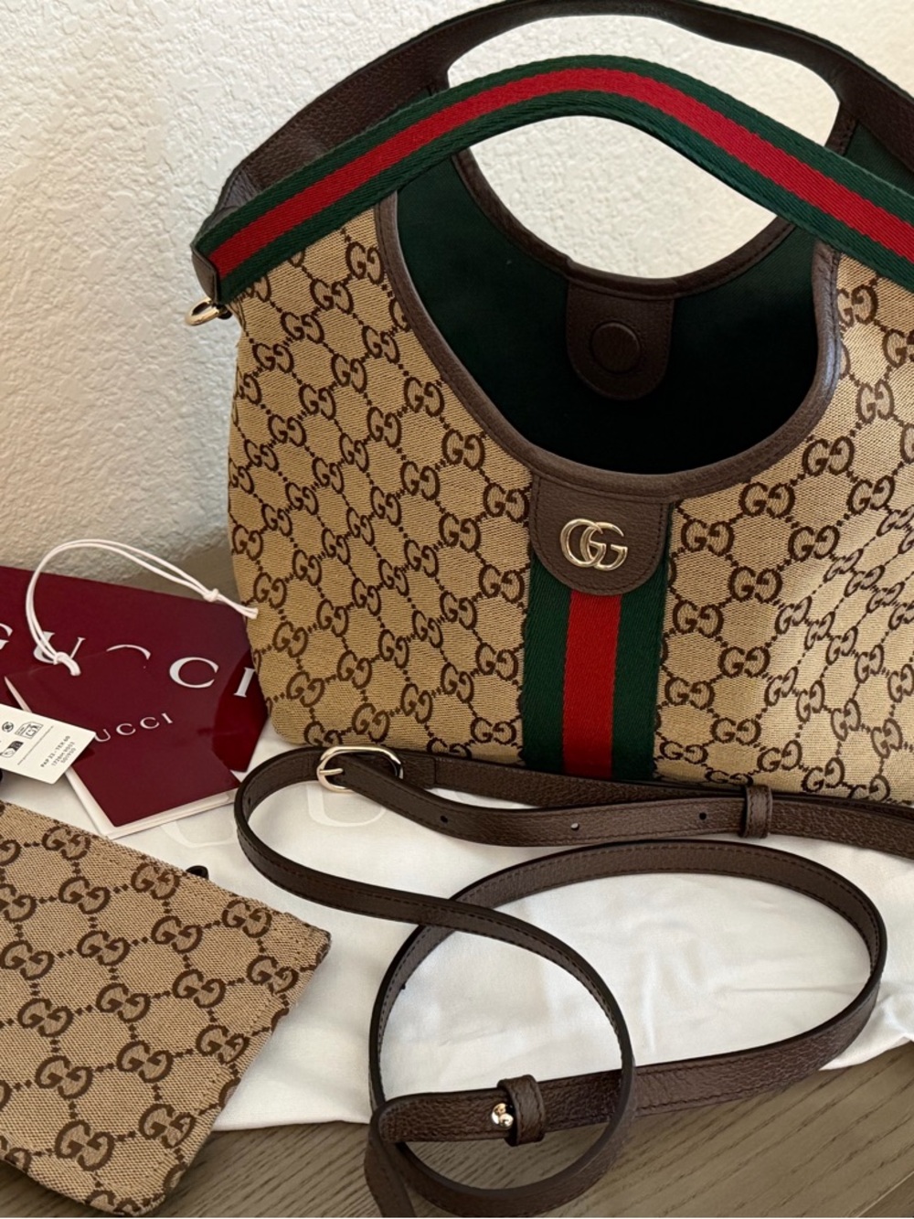 Gucci GG Canvas Shoulder Bag with Brown, Red and Green Webbing